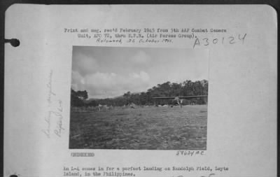 Thumbnail for Consolidated > An L-4 comes in for a perfect landing on Randolph Field, Leyte Island, in the Philippines.