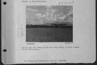 Thumbnail for Consolidated > An L-4 hits the runway of the San Pablo Strip, on Leyte Island in the Philippines.