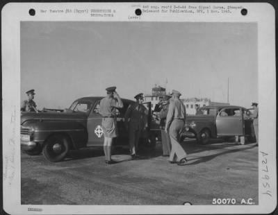 Consolidated > Cairo, Egypt-King Peter of Yugoslavia arrives at the John Payne Airport for the Liberator bomber presentation ceremonies. He is shown being welcomed by Maj. Gen. Ralph Royce, right of King, Commanding General USAFIME.