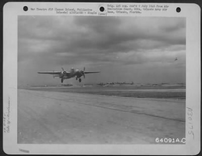 Consolidated > North American B-25 "Mitchell" taking off from Lingayen Airstrip, Luzon Island, Philippine Islands, 17 May 1945-This is the J-series and has eighteen .50 caliber machine guns. Eight can be seen in the nose. B-25's from this strip operated over