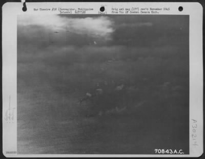 Thumbnail for Consolidated > Navy battleships maneuver in and out to direct their guns on the targets at Corregidor and Caballo Island in the Philippines, during the first Naval shelling of this area. Consolidated B-24 "Liberators" of the 494th Bomb Group, participated in the