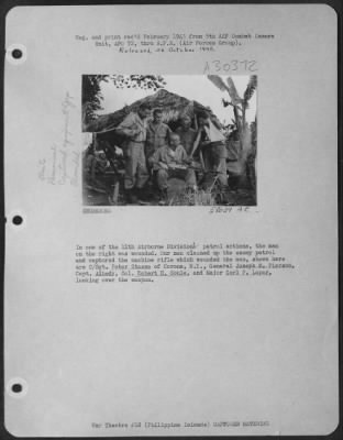 Thumbnail for Consolidated > In one of the 11th Airborne Division's patrol actions, the man on the right was wounded. Our men cleaned up the enemy patrol and captured the machine rifle which wounded the man, shown here are S/Sgt. Peter Stasso of Corona, N.Y., General Joseph