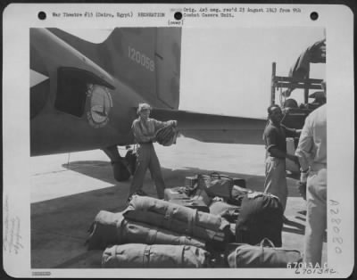 Thumbnail for Consolidated > Anna Lee, a member of Jack Benny's show troupe, looks over the luggage after her arrival at an airport near Cairo, Egypt.