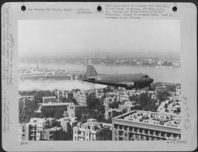 Thumbnail for Consolidated > Cairo, Egypt - A Specially Eqiupped U.S. Force C-47, One Of Two Rushed Here To Help Combat The Cholera Epidemic, Is Shown Spraying Liquid Ddt-Solution At A Low Level In The Cairo Area.  Daily Aerial Sprayings Of Epidemic Infested Areas By The Two Air Forc