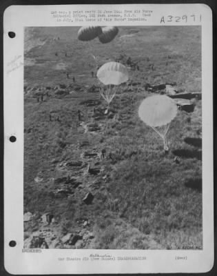 Thumbnail for Consolidated > In addition to applying a five-point procedure of air blockade against Hollandia, planes of the 5th Air Force kept our landing forces supplied by parachute during the early days of the occupation of this vital enemy base in Dutch New Guinea. Bomb