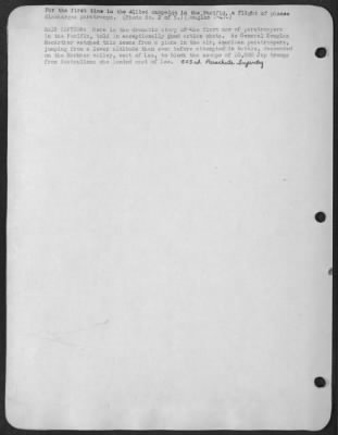 Thumbnail for Consolidated > Here is the dramatic story of the first use of paratroopers in the Pacific, told in exceptionally good action shots. As General Douglas MacArthur watched this scene from a plane in the air, American paratroopers, jumping from a lower altitude than