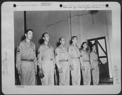 Thumbnail for Consolidated > Lined up after having received the Purple Heart Award are: Charles Lee; Finston F. Margerle; R.S. Eudy; Walter Waugh; Julian Shime; and Claude Lacy. INDIA