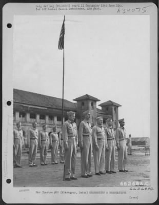 Thumbnail for Consolidated > On the morning of 19 February 1945 at the headquarters of the XX Bomber Command at Kharagpur, India, Brig. General Roger M. Ramey, deputy commander of the 20th Air Force in the CBI, presented medals to fourteen men. Here, the reviewing officers