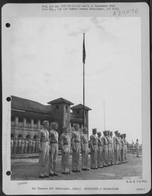 Consolidated > Brig. Gen. Roger M. Ramey, deputy commander of the 20th Air Force in the China Burma India Theatre, presented medals to fourteen Air Force men during ceremony at headquarters of the 20th Bomber Command at Kharagpur, India, on 19 September 1945.