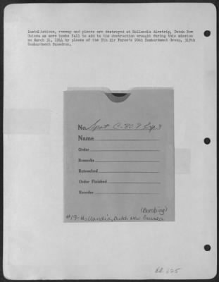Consolidated > Installations, runway and planes are destroyed at Hollandia Airstrip, Dutch New Guinea as more bombs fall to add to the destruction wrought during this mission on March 31, 1944 by planes of the 5th Air Force's 90th Bombardment Group, 319th