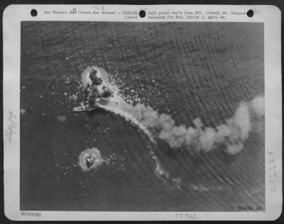 Thumbnail for Consolidated > General Kenney's 5th AF bomber command makes another effective strike against Jap shipping off the New Guinea coast near Wewak. During this raid wave after wave of B-24, B-25, and A-20 bombers dropped their cargo of destruction on a Jap convoy