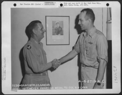 Thumbnail for Consolidated > Lt. General George E. Stratemeyer Congratulates Colonel R.H. Lynn After Presenting Him With The Legion Of Merit At An Airbase In India On 22 June 1945.