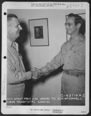 Thumbnail for Consolidated > Lt. General George E. Stratemeyer Congratulates Brig. General John P. Mcconnell After Presenting Him With The Legion Of Merit At An Airbase In India On 5 July 1945.