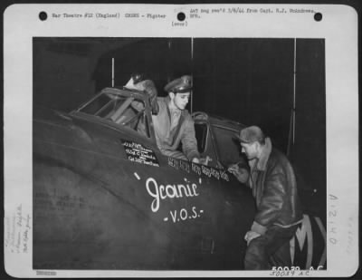 Fighter > England-Technical Sgt. Clarence H. Koskela, 1145 Glenwood North, Minneapolis, Minn., paints on the 6th swastika for 1st Lt. Warren M. Wesson, 441 Bay Ridge Ave., Brooklyn, N.Y. Sgt. Koskela is crew chief on Lt. Wesson's Thunderbolt "Jeannie"