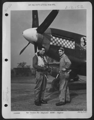 Thumbnail for Fighter > England-Capt. Gentile shown having a last minute word with his crew chief, S/Sgt. John L. Ferra, 28, of El Segundo, Caliofrnia, before take-off. Sgt. Ferra has been with Capt. Gentile for 16 months and believes the Capt. to be a "Great fellow,"