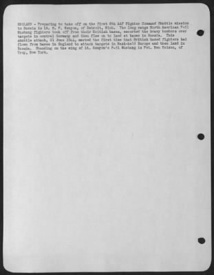 Thumbnail for Fighter > ENGLAND-Preparing to take off on the first 8th AAF Fighter Command Shuttle mission to Russia is Lt. R.P. Kenyon, of Detroit, Mich. The long range North American P-51 Mustang fighters took off from their British bases, escorted the heavy bombers over