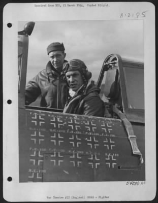 Fighter > Capt. Robert S. Johnson, Lawton, Okla., Eighth Fighter Command Thunderbolt pilot, returns to base and is greeted by his crew chief after bringing down three enemy interceptors to increase his total score to 22 and make him the high scoring ace in