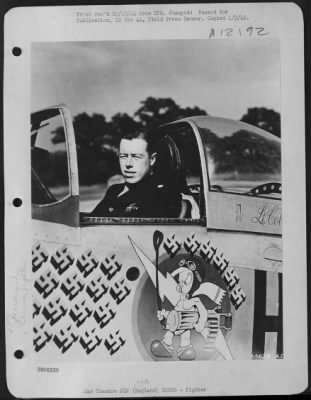 Thumbnail for Fighter > ENGLAND-Lt. Col. John C. Meyer, of ofrest Hills, L.I., New York, sitting in his plane. Note 26 kills on his plane. Since this picture was taken, Col. Meyer has boosted his total to 37 1/2 planes (24 in the air and 13 1/2 on the ground), making him