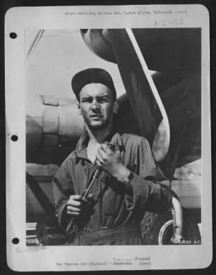 Thumbnail for Ground > ENGLAND-Sgt. Arthur Dwyer, ground crew member of a B-24, is a very tired young man after many hours work on his plane. (Kodachrome #2398).