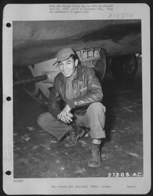 Thumbnail for Gunner > S/Sgt. Floyd L. Thompson of Durant, Oklahoma, a member of the 384th Bomb Group, poses by his plane after returning from a mission over enemy territory. Sgt. Thompson is a gunner on a Boeing B-17 stationed at Horham, England. 16 June 1943.