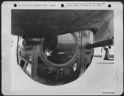 Gunner > T/Sgt. Benedict B. Borostowski, La Salle, Ill., ball turret gunner of a Boeing B-17 Flying ofrtress Invader II. England.