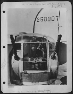 Thumbnail for Gunner > ENGLAND-Sgt. Otto A. Sobanjo, of Hibbing, Minn., Tail Turret Gunner on a B-24, has 30 missions to his credit and holds the Distinguished Flying Cross and Air Medal with 3 Oak Leaf Clusters. (Kodachrome #2397).