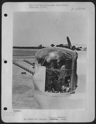 Thumbnail for Gunner > ENGLAND-S/Sgt. Edward J. Mickey, A B-24 Nose Turret Gunner, of Kingston, Pa., has 30 missions to his credit and holds the Distinguished Flying Cross and the Air Medal with 3 oak Leaf Cluster. (Kodachrome #2394).