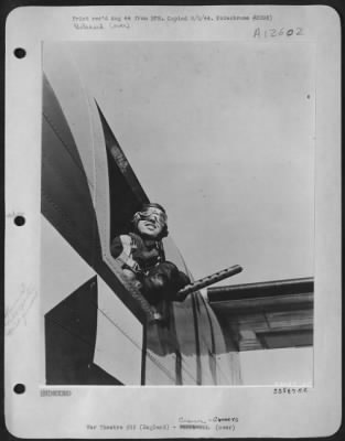 Thumbnail for Gunner > ENGLAND-T/Sgt. Ernest J. Hutchins, Kittery, Maine, radio operator and waist gunner on a B-24 has 30 missions to his credit. He holds the Distinguished Flying Cross and the Air Medal with 3 Oak Leaf Clusters.