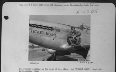 Thumbnail for Fighter > Lt. Stewart Sitting On The Wing Of His Plane, The 'Ticket Home'.  England.  14 September 1944.