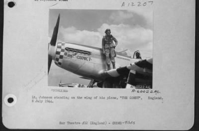 Thumbnail for Fighter > Lt. Johnson Standing On The Wing Of His Plane 'The Comet'.  England, 8 July 1944.