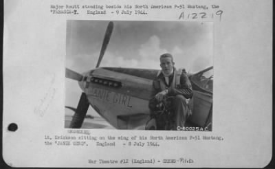 Thumbnail for Fighter > Lt. Erickson Sitting On The Wing Of His North American P-51 Mustang, The "Janie Girl".  England 8 July 1944.