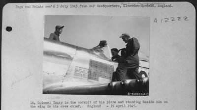 Thumbnail for Fighter > Lt. Colonel Thury In The Cockpit Of His Plane And Standing Beside Him On The Wing Is His Crew Chief.  England - 19 April 1945.