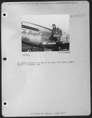 Fighter > Lt. Stiwell Sitting On The Wing Of His Plane 'The Bengal Lancer'.  England - 25 November 1944.