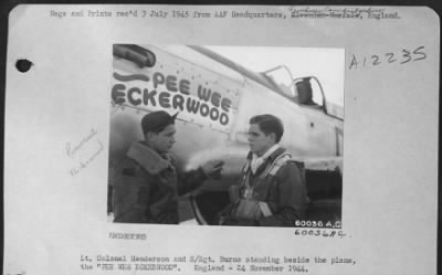 Thumbnail for Fighter > Lt. Colonel Henderson And S/Sgt. Burns Standing Beside The Plane, The 'Pee Wee Eckerwood'.  England - 24 November 1944.