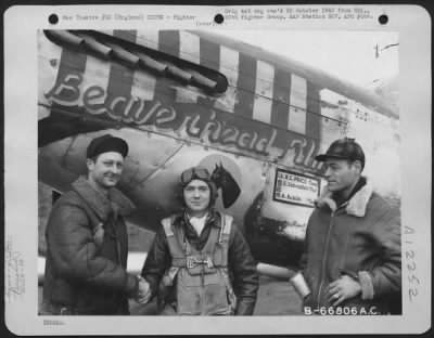 Thumbnail for Fighter > Lt. K.C. Price, Pilot, And Ground Crew Members - E. Schrader And Sgt. A. Kublin - Beside A North American P-51 "Mustang" Of The 20Th Fighter Group At An Airbase In England.