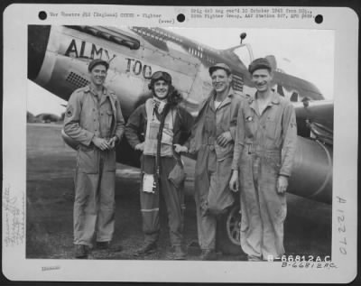 Thumbnail for Fighter > Lt. Merriman, Pilot, And Ground Crew Beside A North American P-51 Mustang "Almy Too" Of The 20Th Fighter Group At An Airbase In England.  The Group Includes The Following Inlisted Men: Mulligan, Adams And Chadwick.