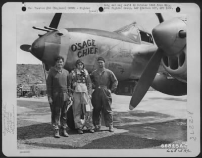 Thumbnail for Fighter > Lt. H.O. Binkley, Pilot, T/Sgt. Miller And Sgt. Donaldson, Ground Crew Members, Beside The Lockheed P-38 'Osage Chief' Of The 20Th Fighter Group In England.