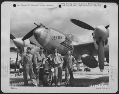 Thumbnail for Fighter > Capt. Scrutchfield, Pilot, T/Sgt. Meyers, Cpl. Meade And Holler, Ground Crew Members, Beside The Lockheed P-38 'Jeanne' Of The 20Th Fighter Group In England.