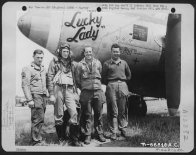 Thumbnail for Fighter > Lt. Heiden, Pilot, T/Sgt. Pyles, Sgt. Birdwell And Sgt. Jaffe, Ground Crew Members, Beside The Lockheed P-38 'Lucky Lady' Of The 20Th Fighter Group In England.