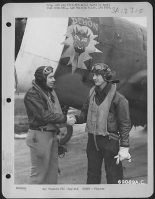 Thumbnail for Fighter > Lt. Colonel B. Rimerman And Major W.C. Beckham Of The 351St Fighter Squadron, 353Rd Fighter Group, Shake Hands After Their Return From A Successful Mission Over Enemy Installations.  They Stand In Front Of Republic P-47 "Little Demon" At A Base In England