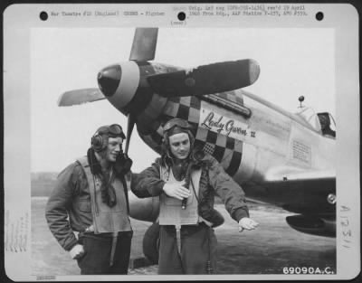 Thumbnail for Fighter > Lt. Stapp Listens Attentively At Lt. Manahan, Pilot Of The North American P-51 "Lady Queen Ii" (Background), Describes His Maneuvers Against Enemy Aircraft.  They Are With The 350Th Fighter Squadron, 353Rd Fighter Group Based In England.