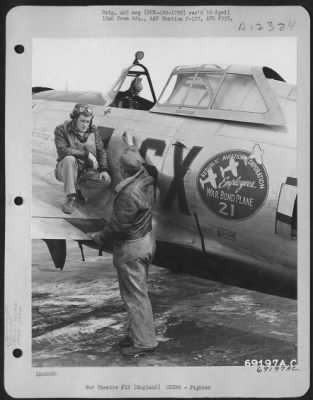 Thumbnail for Fighter > Lt. D.J. Corrigan (On Wing) Talks With A Member Of His Ground Crew Before Stepping Into The Cockpit Of His Republic P-47 Of The 352Nd Fighter Squadron, 353Rd Fighter Group Based In England.  This Plane Was War Bond Plane #21 From The Employees Of The Repu