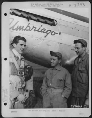 Thumbnail for Fighter > Captain Krauss Of The 339Th Fighter Group, Talks To Members Of His Ground Crew As They Stand Beside The North American P-51 'Umbriago' At The 8Th Air Force Station F-378 In England.  17 October 1944.