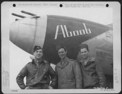 Thumbnail for Fighter > Lt. Lee S. Ayoub (Left)  And Two Members Of His Ground Crew Pose Beside The North American P-38 'Aboob' Of The 364Th Fighter Group, 67Th Fighter Wing, 8Th Air Force Station F-375, Honnington, England.  2 June 1944.