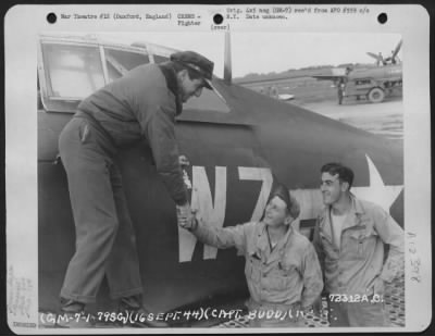 Thumbnail for Fighter > Capt. Gerald E. Budd, 105 -- 11Th Ave., Baltic, Michigan, Of The 84Th Fighter Squadron, 78Th Fighter Group, Shakes Hands With A Member Of His Ground Crew After Returning To 8Th Air Force Station F-357, In Duxford, England, From A Mission Over Enemy Territ