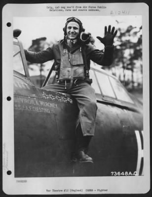 Thumbnail for Fighter > 1St Lt. Virgil K. Meroney Of Pine Bluff, Ark., Steps Out Of His Republic P-47 At An Air Base In England, With Five Fingers Raised, Indicating He Has Just Knocked Out An Me 109, His Fifth Victory In Less Than Two Months.