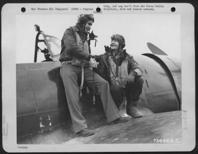 Thumbnail for Fighter > 1St Lt. Quentin L. Quinn, Indianapolis, Ind., And 1St Lt. Francis W. Horne, Aucilla, Fla., Shake Hands On The Wing Of The Republic P-47 'Indiana National Bank' At An Air Base In England, After They Returned From A Mission Over Germany.