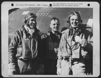 Thumbnail for Fighter > Lt. Robert S. Johnson, Lawton, Okla. (Left); Capt. Walker M. Mahurin, Fort Wayne, Ind. (Right), And A Crew Member Pose Beside A Republic P-47 At An Air Base In England.  Col Hub Zempke Center.