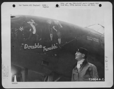 Thumbnail for Fighter > Lt. 'Bugs' Eberhardt Of The 367Th Fighter Group, Looks Up To The Nickname On His Lockheed P-38 'Double Trouble' At An Airbase In England.  3 June 1944.