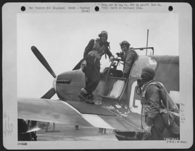 Thumbnail for Fighter > Three Fighter Pilots Of A 9Th Air Force Squadron Based At Boxted, England, Discuss Plans Just Before Take-Off On A Mission.  They Are, Left To Right: 1St Lt. Franklyn E. Hendrickson Of Springfield, Long Island, 1St Lt. William E. Pitcher Of Spokane, Wash.